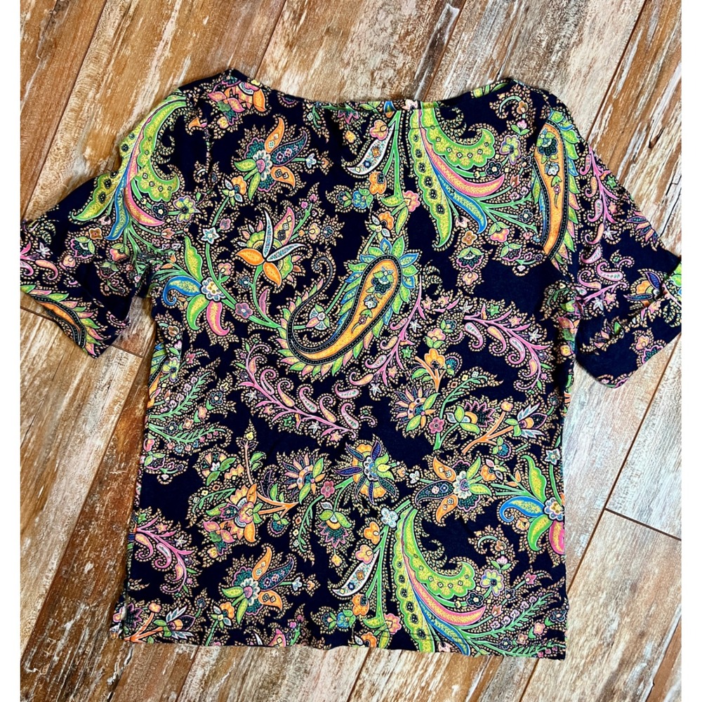 Lauren Ralph Lauren Navy Paisley Cotton Boat Neck Cuffed Sleeve Top Large